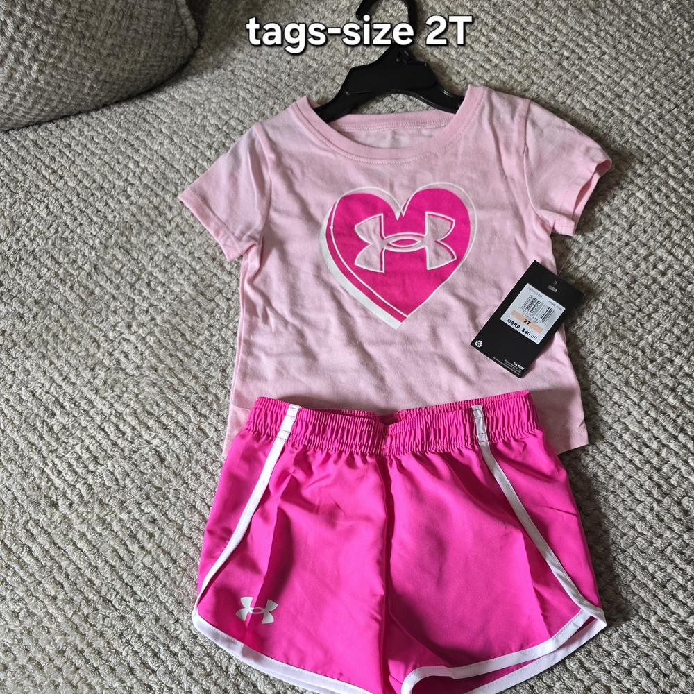 Under Armour Pink Heart Logo Tee and Bright Pink Athletic Shorts - 2T